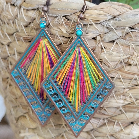 Jewelry - Verdigris turquoise inspired bohemian string art dangle earrings